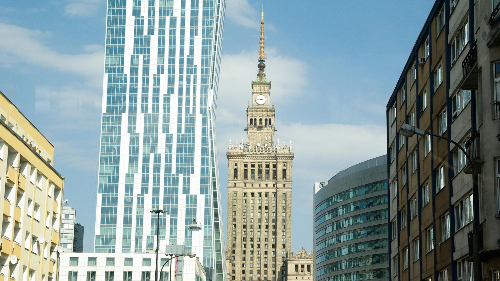 Dynamic view of Palace of Culture and Science Warsaw sightseeing by rental car